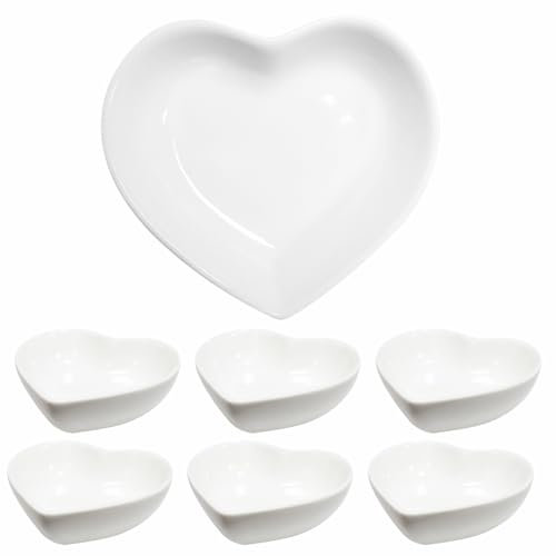 Lotatheta White 6 pcs Soy Sauce Snack Dish Heart Shaped Porcelain Ceramic Dip Dipping Bowls 1.65 oz for Dinner Baking BBQ and Cooking