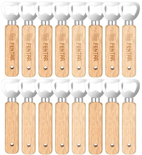 Fentar 16Pcs Wooden Bottle Opener, Stainless Steel Beer Bottle Opener, Ergonomic Personalised Bottle Opener, Durable Beer Opener, Handheld Portable Bottle Openers for Beer Soda Juice Bar Home Party