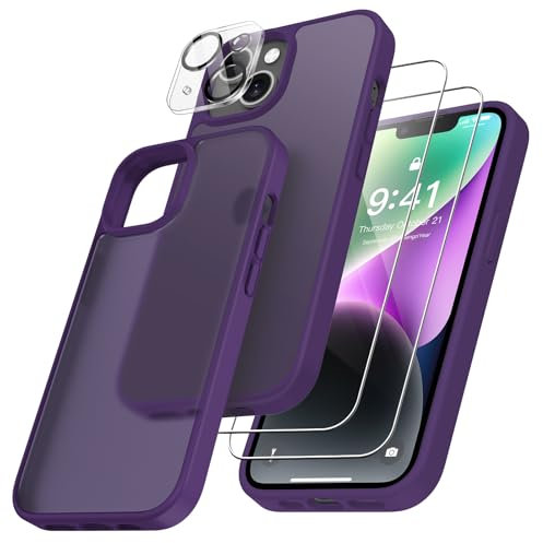 FLLAO 4 en 1 Coque pour iPhone 14 avec 2 Verre Trempé et 1 Caméra Protecteur, [Coussin d'air Intégré] Antichoc Antirayures Bumper Protection Housse pour iPhone 14 6.1, Violet foncé