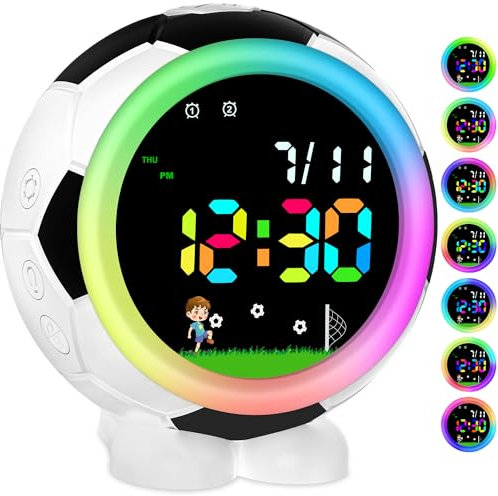 Ayybboo Fußball Wecker Kinder Digital Jungen Mädchen,Kinderwecker mit Bunt Nachtlicht Snooze 6Klingeltöne 12/24H,Einschulungs Geschenke für Kinder 4-15 Jahren (Schwarz)