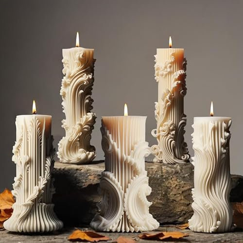 Darryy Pack de 5 Moldes Cilíndricos para Velas de Silicona, Columnas Con Patrón Romano Antiguo