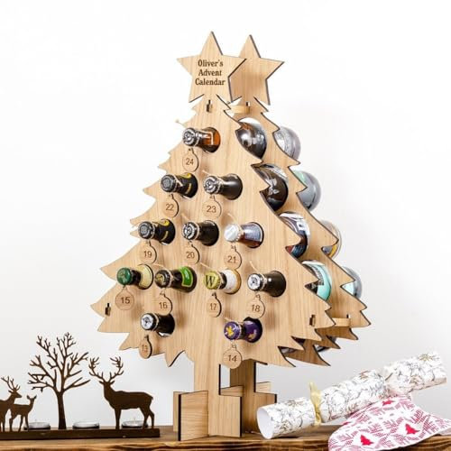 Entgoinggo Weihnachten Countdown Weinregal, Holz Weihnachtsbaum Mini Alkoholhalter Weinflaschenhalter Dekorativ, Adventskalender Weihnachtsbaum Mini Alkoholhalter Wein (2)