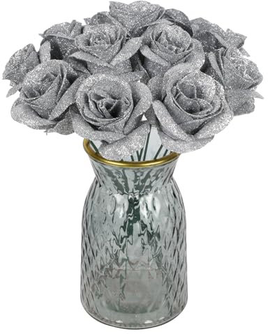 Rzoukler Lot de 30 roses artificielles argentées à paillettes en soie pour loisirs créatifs, bouquet de mariage, fête, décoration d'intérieur (argenté)