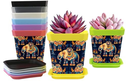 Set of 8 Plastic Planters with Drainage Holes and Saucers, Plastic Flower Pots, Nursery Planting Pot for Indoor Outdoor Plants (Vintage Elephant)