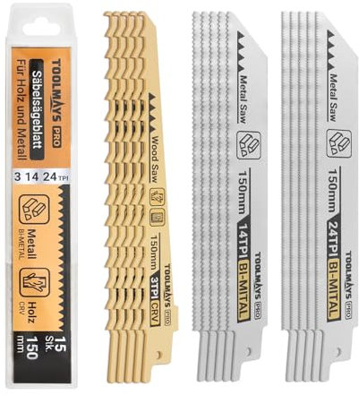 TOOLMAYS Set di 15 Lame Gattuccio per Legno, Metallo e Plastica | 150mm 3/14/24TPI Lame per Sega a Gattuccio Universale, con Scatola di Custodia