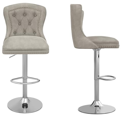 HOMASIS 2er Set Barhocker, höhenverstellbarer Barstuhl gepolstert, 360° drehbarer Küchenhocker mit Rückenlehne & Fußstütze, Vintager Tresenhocker aus Samt für Wohnzimmer Küchen Restaurant (Grau)