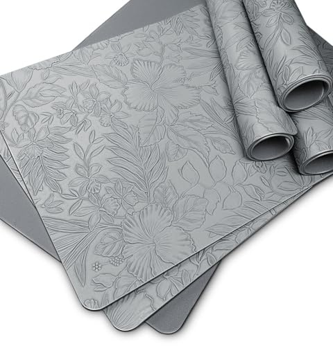 Tischuntersetzer Set, Tisch Set Abwaschbar, Vinyl Tischsets Grau Gemustert Blatt,Platzdeckchen Abwaschbar rutschfest, Tischsets Leder-Optik 6er mit Muster,Platzsets Kunststoff für Garten-Outdoor