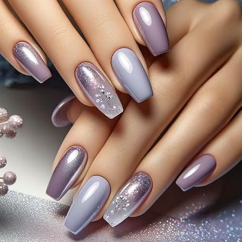 24STK Press on Nails, Lange Sarg Design, Glitter Lila Ombre Künstnägel | Fingernägel zum Aufkleben, Kunstnägel Blumenranke Fake Nails Klebe Nägel Set Acrylnagelspitzen Damen Nagel Zubehör