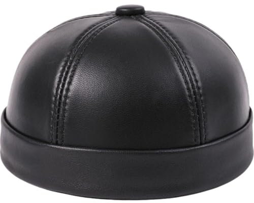 Herrenhut Aus Echtem Leder Ohne Krempe Lässiger Hut Im Chinesischen Landhausstil Retro-Matrosenmütze Docker-Mütze(Black,XX-Large)