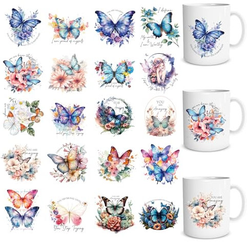 Eiapadeor Butterfly Rub on Transfers for Crafts - 20 Sheets Flower UV DTF Cup Wraps, Inspirational Theme UVDTF Wraps, Waterproof Rub on Decals for DIY Glass Cups Mug Tumbler