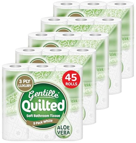 Gentille Quilted Aloe Vera Bathroom Tissue | Luxury 3-Ply Toilet Paper | Soft, Strong, & Sustainable | Made in The UK | 45 Rolls
