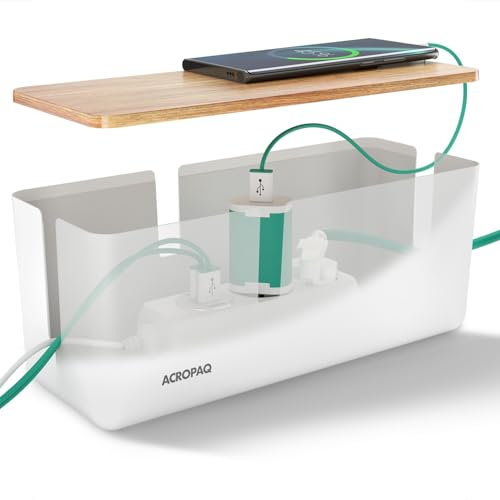 ACROPAQ Boîte Cache câble - Boîte Rangement Cable, avec Couvercle en Bambou, Moyen (30 x 12 x 11 cm), Antidérapant, Blanc - Cache multiprise
