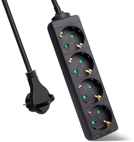 EXTRASTAR 4 Fach Steckdosenleiste Flachstecker mit Kindersicherung, Schwarz | 3m Kabel Mehrfachsteckdose Flacher Stecker 3G1.5mm² 16A/3680W für Büro und Zuhause