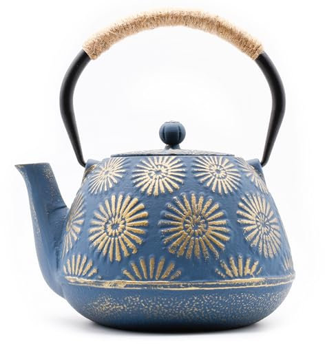 Zen Minded Traditional Japanese Cast Iron Tetsubin Teapot with Rope-handle & Stainless-steel Loose-leaf Filter for Green & Black Tea, Coffee & Infusions 1.2L Chrysanthemum Pattern - Purple & Gold