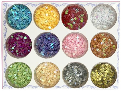 Glitter-12 Colors Festival Holographic Cosmetic Powder for Face, Body, Eye, Hair, Nail and DIY Art,Friendly Cosmetic(Five-Pointed Star)