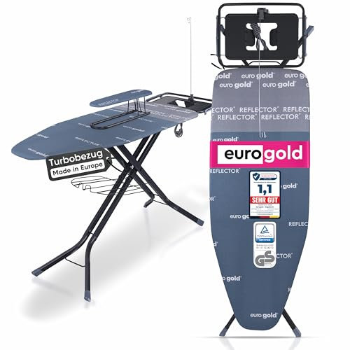 EUROGOLD® XXL Bügelbrett 130x48cm [INKL. TURBOBEZUG & ÄRMELBRETT] - Bügeltisch für Dampfbügelstation (Made in Europe) - Tischbügelbrett mit Steckdose - Ironing Board - Stabil & Höhenverstellbar