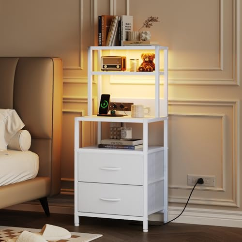 CAIYUN Nachttisch, hoher weißer Nachttisch mit 4 Regalböden, 2 PU-Stoffschubladen und LED-Lichtleiste, Nachttische mit Ladestation, Beistelltisch für Schlafzimmer, Weiß