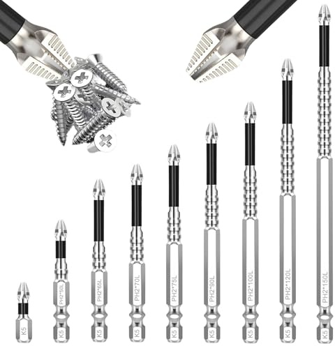Hochmagnetisches Schraubendreher Bohrer Set, 9 Stück Antirutsch Phillips Bit 25-150mm High Magnetic Screwdriver Drill Set Anti Rutsch Bits Universal Bithalter Magnetisch für Elektrobohrer