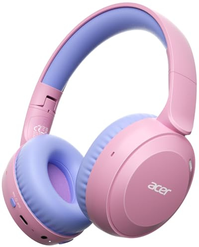 Acer Kids Headphones Wireless, Foldable, with 85/94dB Volume Limiter | Toddler Headphones with Built-in Mic, Stereo Sound, 60H Playtime, for iPad, Tablet, Travel (Pink Purple)