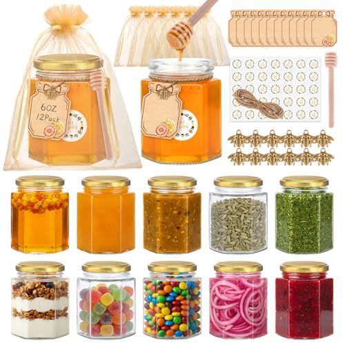 180 ml Hexagon Glass Jars 12-Pack with Airtight Lids, Leakproof for Jam | 6 oz Food-Grade Containers, Durable & Reusable, for Honey,Chutneys, Spices, Wedding Favors, Gift Jars, Fridge/Freezer Safe