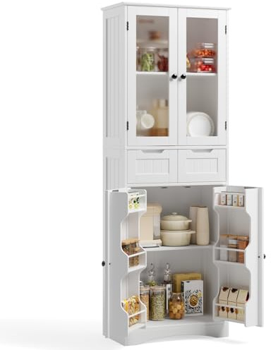 Xbro Armario Alto de Cocina, 170 x 30 x 60cm, Mueble Cocina Alto 4 Puertas y 2 Cajones, Armario de Vitrina con Estantes Laterales, Salón y Comedor (Blanco)