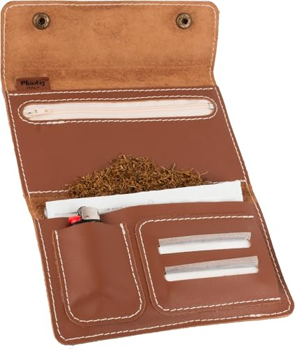 Portatabacco in Vera Pelle Artigianale – Astuccio Porta Tabacco con Zip e Tasche per Cartine, Filtri e Accendino - Made in Italy (Marrone Legno)