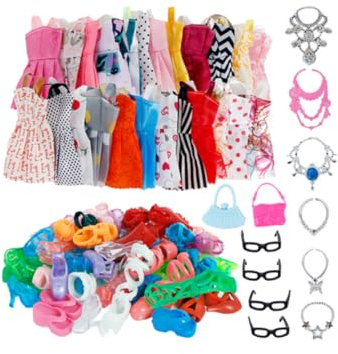 Syglawnd Puppenkleidung Zubehör Prinzessin Party Kleider Schuhe Taschen Schmuck Set Kinder Spielzeug Kleidung Geburtstag für Mädchen 32PCS, Puppenkleider Set
