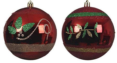 Set of 2 Large Luxury Traditional WINTER BERRY Design Round Christmas tree Baubles Decorations with Glitter Detail - Red, Green & Gold - 10cm