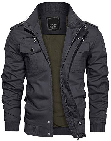 KEFITEVD Casual Cargo Jacket Automne Bomber Militaire Vestes Manteau Coupe-Vent Gris
