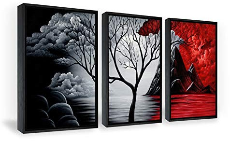 Wieco Art Framed Art The Cloud Tree Wall Art HD Print of Oil Paintings Giclee Landscape Canvas Prints for Home Decorations, 3 Panels with Black Frames