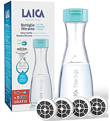 Laica Bottiglia Filtrante B01Aa Flow'N Go, Capacità: 1 litro, Filtrazione Istantanea, Tecnologia Fast Disk, 4 Filtri Inclusi
