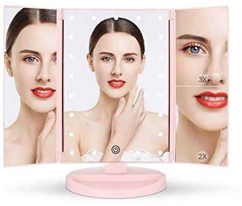 Specchio Trucco con 21 LEDs, Specchio di Vanity Trifold Ruota di 180° Ingrandimento 1x / 2X / 3X Specchio per Il con Touchscreen per Il Trucco e la Cura della Pelle (Rosa)