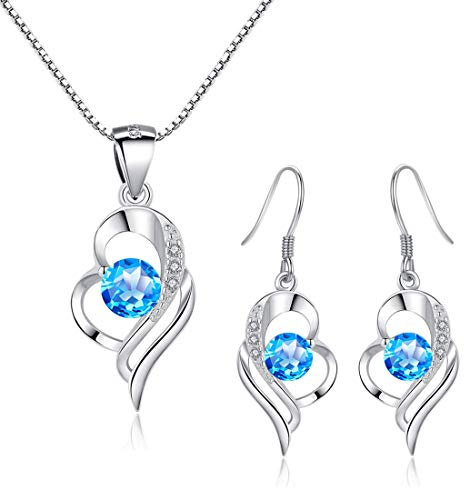 Kamise Schmuckset Silber 925 Damen, Liebe Herz Silberkette & Haken Ohrhänger Set mit Aquamarin Zirkonia, Herz Halskette und Hängend Ohrringe, Klassisch Mode Schumuckset zum Valentinstag Geburtstag