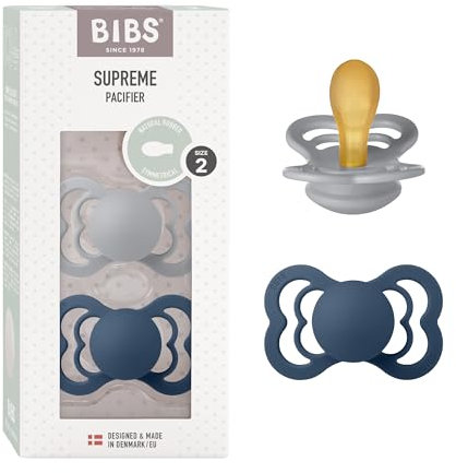 BIBS Supreme Schnuller 2er-Pack, BPA-frei, Symmetrischer Nippel. Naturkautschuk/Latex, Hergestellt in Dänemark. 6-18 Monate (2er Pack), Cloud/Steel Blue