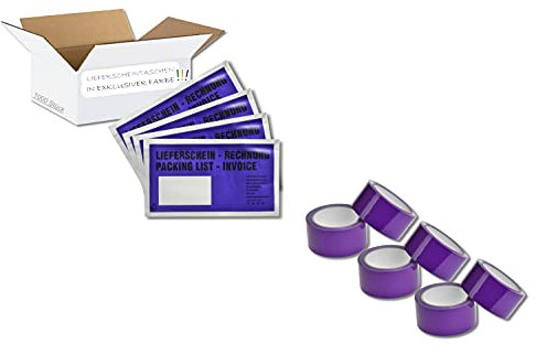 SET = 1000 Versandtaschen + 6 Packbänder - Lieferschein/Rechnung - DIN Lang (Violett)