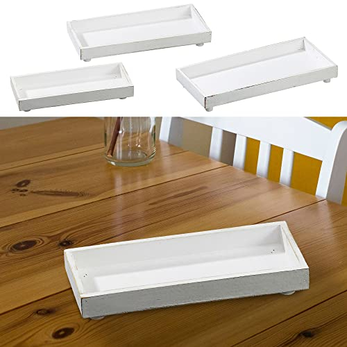 Deko Untersetzer 3er Set │ Holz 3 Größen rechteckig weiß│ ShabbyChic antik Holzplatte Tablett (1 x 3er Set Untersetzer rechteckig weiß)