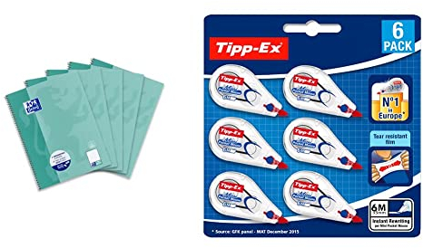 Oxford Collegeblock A4 punktkariert/dotted, 80 Blatt, grünblau, 5 Stück & Tipp-Ex 962703 Korrekturroller Mini Pocket Mouse, 6 m x 5 mm, 2x3er Pack, Ideal für das Büro, das Home Office oder die Schule