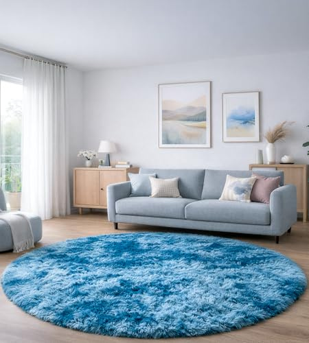 ROHATIM Teppich Schlafzimmer Rund 150 cm Pfauenblau Waschbar Rutschfester Runder Hochflorteppich Wohnzimmer Kinderzimmer Flauschig