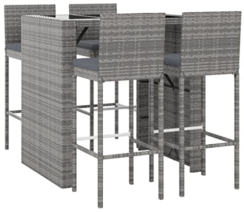 vidaXL Gartenbar Set 5-TLG., Gartenmöbel Bartisch 4 Barstühle, Stehtisch Barhocker für Garten Terrasse, Sitzgruppe Gartenset mit Kissen, Grau Poly Rattan