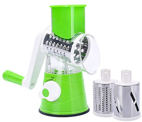 Picadora Rotativa de Rallador de Queso, Trituradora Giratoria de Acero Inoxidable, Utensilios de Cocina, Cortador Manual de Nueces de Frutas y Verduras con 3 Cuchillas Reemplazables (Verde)