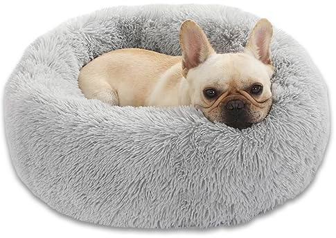 Enjamoy Hundebett Flauschig Donut Plüsch Katzenbett Hundekissen, Waschbar Rund Hundebetten für Kleine, Mittelgroße Hunde Katzen, Hellgrau 58cm