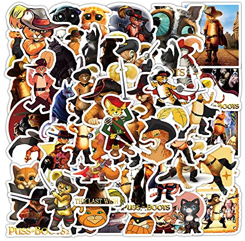 LYLSDSB Puss in Boots Aufkleber 50 Stück Vinyl Cartoon Wasserdicht für Laptop Auto Fahrrad, Niedliche Aufkleber für Kinder Teenager