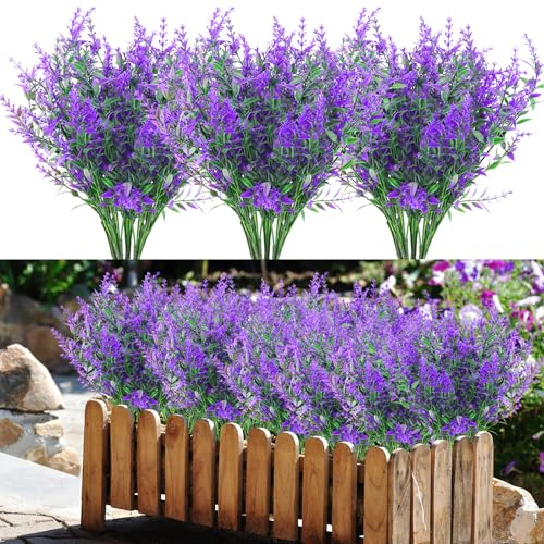 BINYI Mazzo Fiori Finti Artificiali per Cimitero Fiori di Plastica per Cimitero 10 Pz Decorazioni Piante Finte da Interno Esterno Fiori Finti Realistici per Giardino Patio Lavanda Artificiale (Viola)