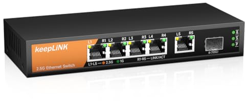 keepLiNK 5 Ports 2,5G Unmanaged Network Switch mit 1 x 10G SFP-Slot, Ethernet Switching Kapazität von 45Gbps, Plug-and-Play, Desktop-/Wandmontage, Metallgehäuse