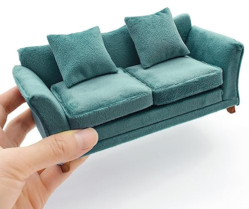 iLAND Puppenhaus Möbel im Maßstab 1/12, Puppenhaus Couch, Moderne Miniatur Möbel für das Puppenhaus Wohnzimmer (Blau Grau Samt))