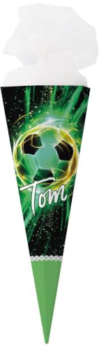 Striefchen® bedruckte Schultüte für Jungen mit verschiedenen Motiven zur Auswahl, 2 Größen, personalisiert mit Wunschname (Fußball 80 cm) - Individuelle Zuckertüte Junge als Geschenk Einschulung