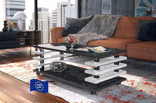 designimpex Carl Svensson Couchtisch DC-3 Schwarz Hochglanz/Weiß Hochglanz 120x60cm mit Ablage modern stabil vielseitig Wohnzimmertisch Beistelltisch Sofatisch robust Wohnzimmer mit Rollen