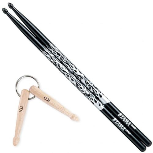Tama 5A-F-BS Drumsticks Silver Rhythmic Fire Schwarz + keepdrum Schlüsselanhänger Drum-Sticks