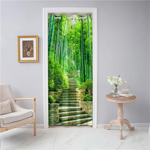 Odot Rideaux de Porte à Oeillets, Motif Feuilles de Bambou Rideau de Porte Interieur Occultant Rideau de Séparation de Pièce Rideau de Porte à Isolation Thermique (80x150cm,Bois Verts)