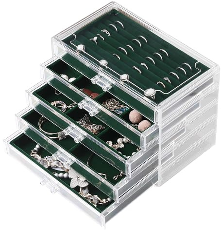Frebeauty Extra große Acryl-Schmuckschatulle für Damen, 5 Ebenen, transparent, Schmuck-Organizer, Samt-Ohrring-Box mit 5 Schubladen, Ringen, Vitrine, Halskettenhalter für Damen und Mädchen
